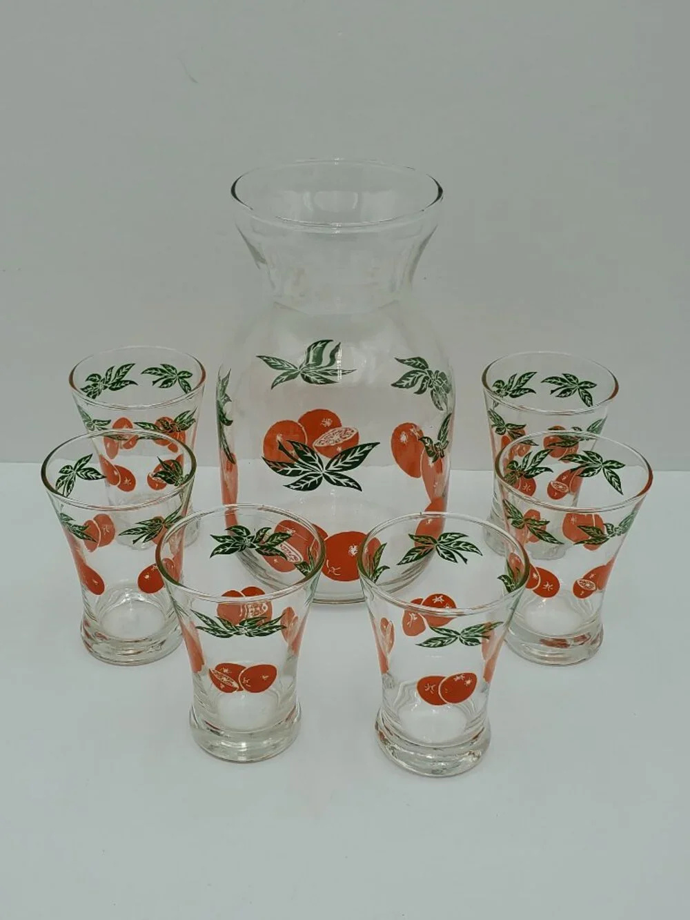 Anchor Hocking Orange Juice Drinking Glasses & Carafe OJ Pitcher & Glasses